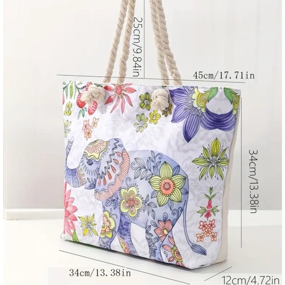 Jumbo Mandala Elephant Canvas Tote Bag, Safari Wildlife Casual Beach Bag - Picture 2 of 4